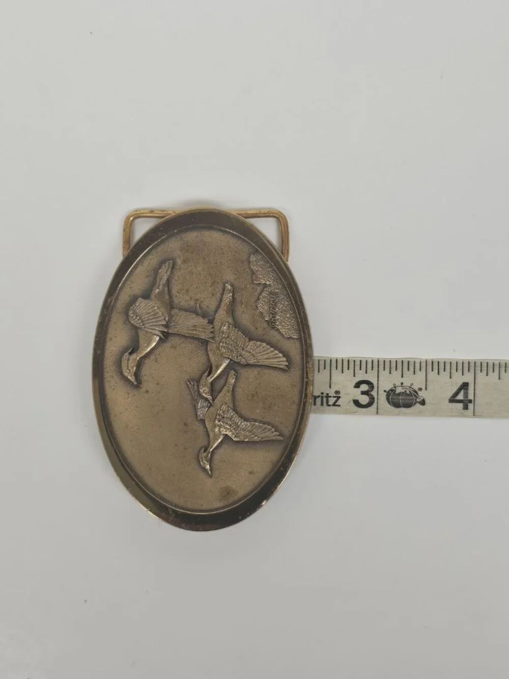 Owen Gromme Designed Three Wood Ducks Over Marsh 1980's Brass Tone Belt Buckle
